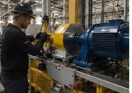 Technician servicing industrial machinery motor