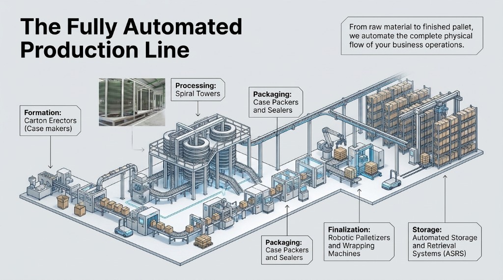 The Fully Automated Production Line — formation, processing, packaging, finalization, and ASRS storage
